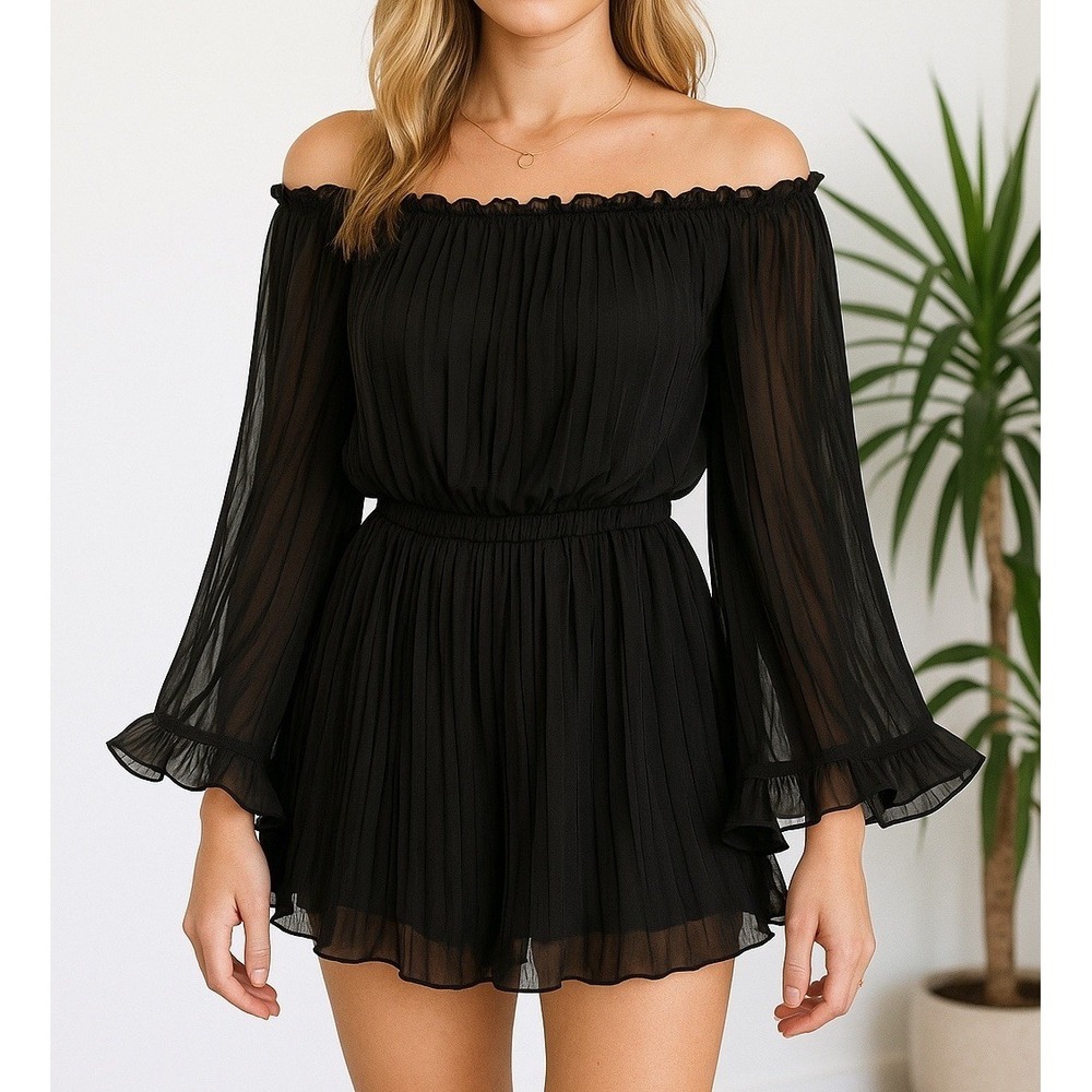 Blue B Romper Ruffles Pleated Spring Tulle Cottage core Sz Lg Stretch Flowy NWT